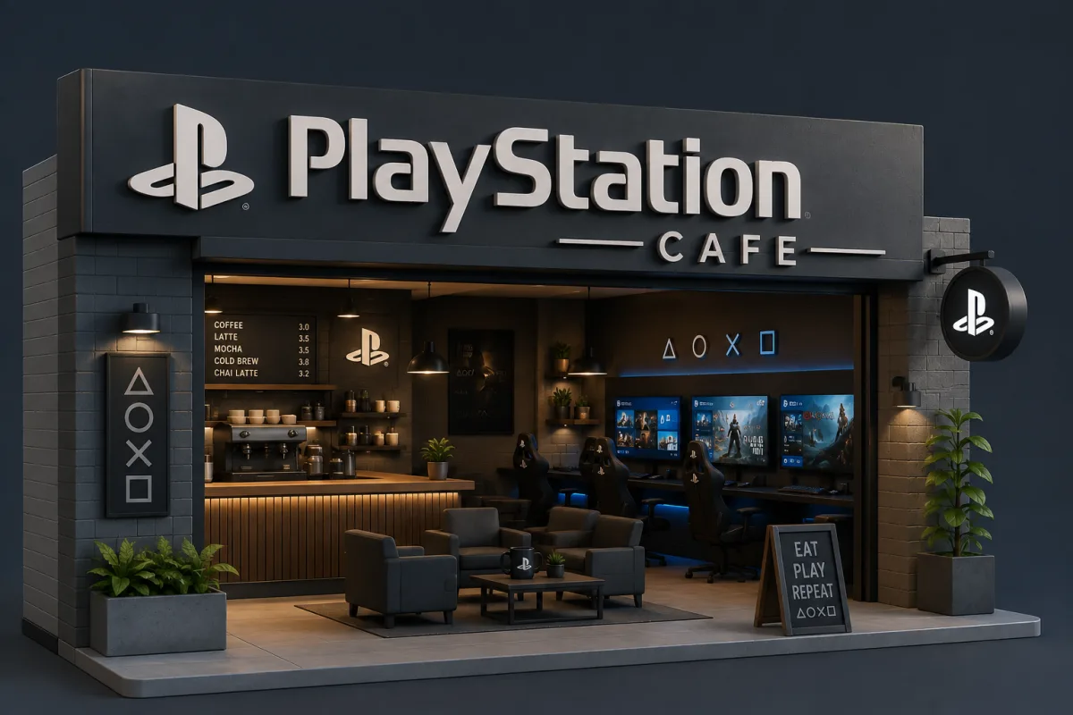 A PlayStation cafe storefront with consoles and screens along the back wall