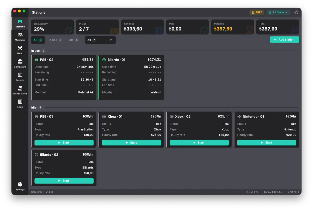 CafeTimer stations screen tracking hourly usage for billiards and console tables
