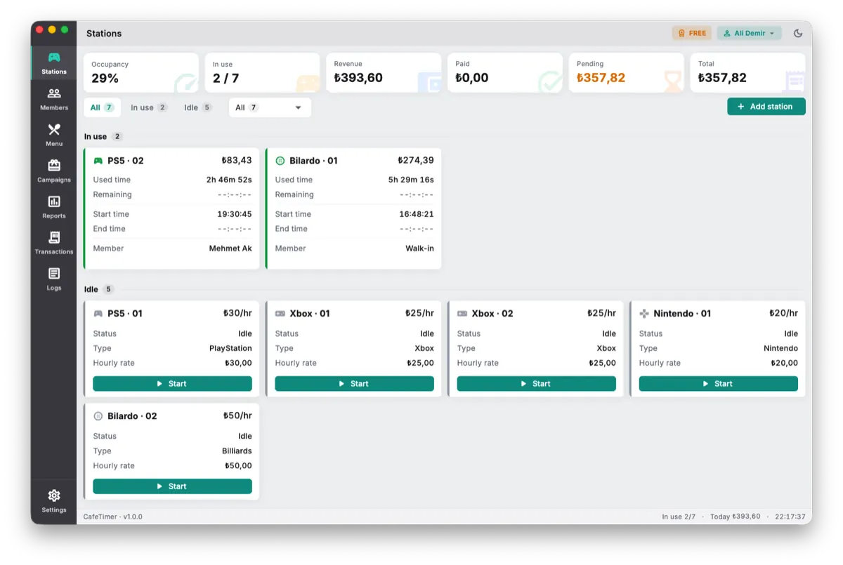 CafeTimer stations screen tracking hourly usage for billiards and console tables
